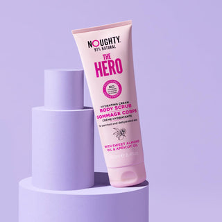 Noughty The Hero hydrating cream body scrub for dry, parched and dehydrated skin. Natural body care vegan cruelty free natural sulphate free paraben free